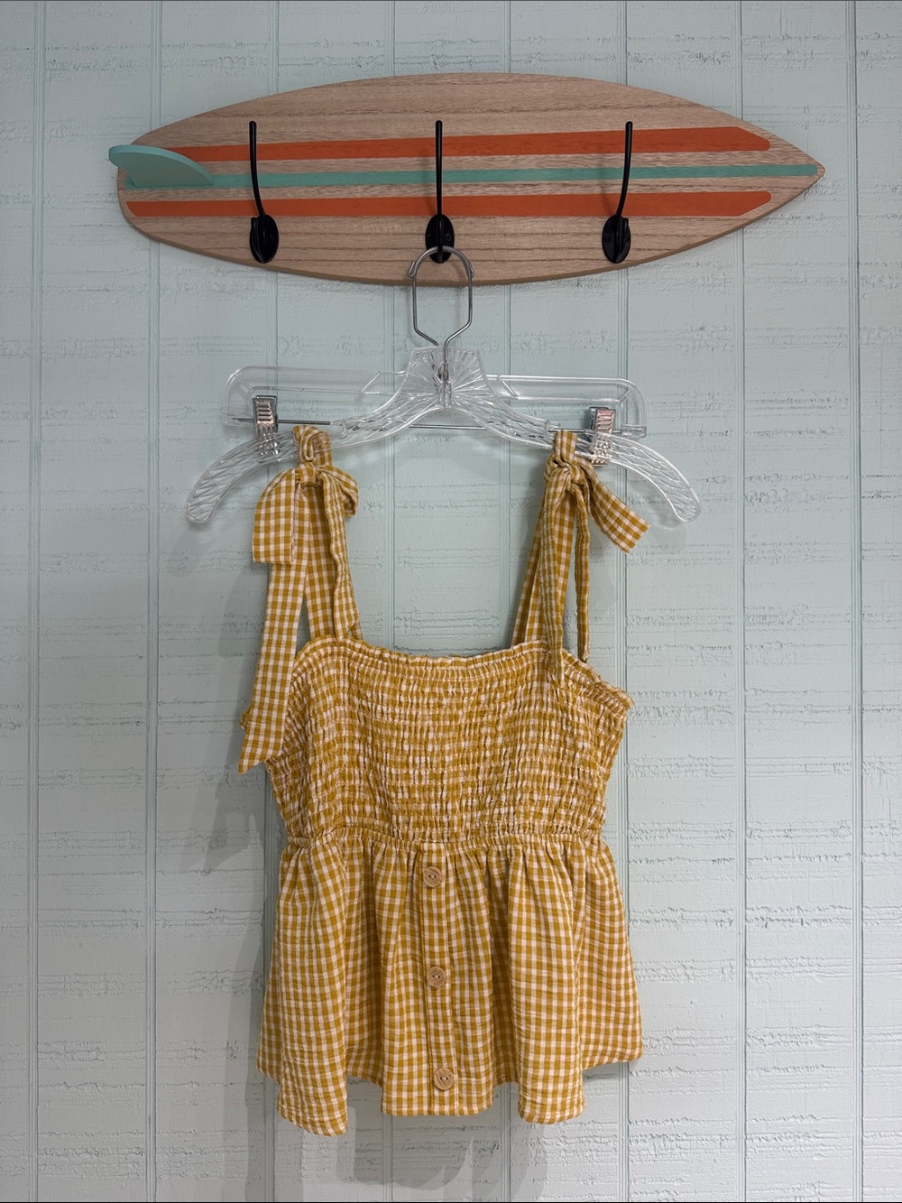 Juniors Yellow Gingham Tie-Shoulder Top
